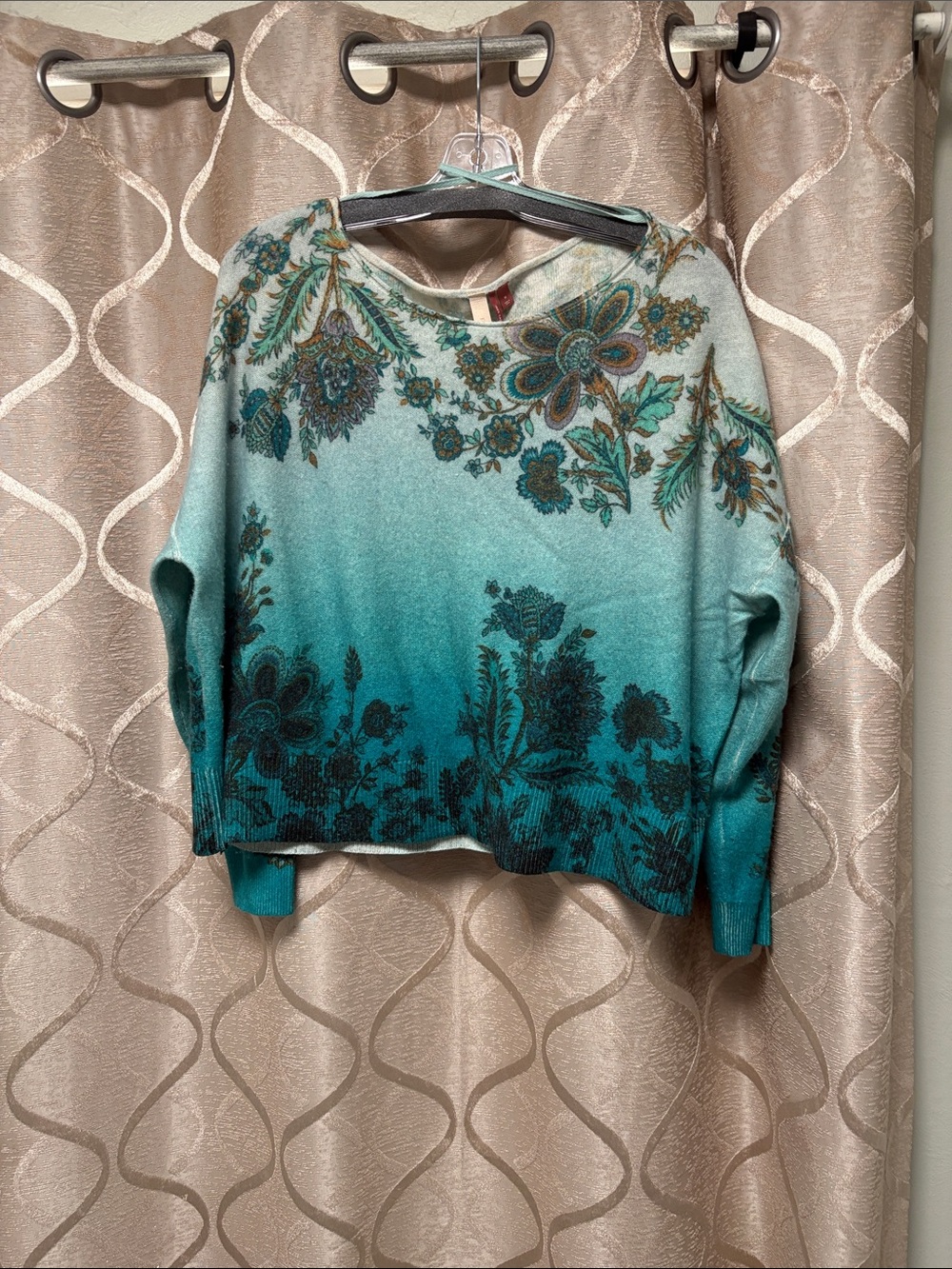 Pilcro Teal Ombre Floral Cashmere Crewneck Sweater